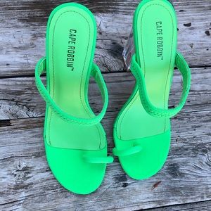 Cape Robbin sandal size 5-1/2, lime green fabric, with clear plastic heel